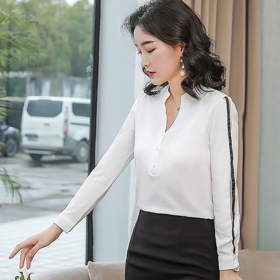 Round Neck Classic Style Long Sleeve Chiffon Shirt - White |image