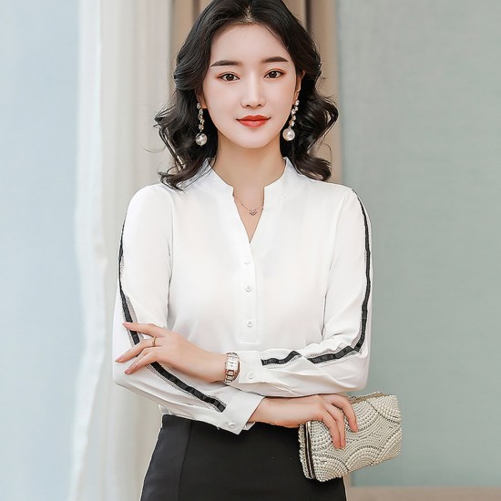 Round Neck Classic Style Long Sleeve Chiffon Shirt - White |image