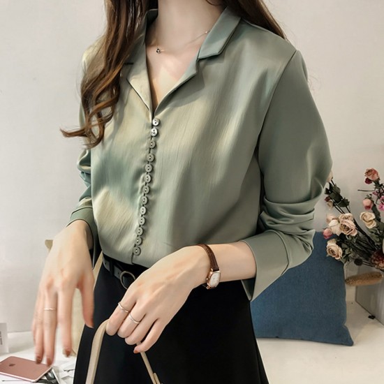 Suit Collar Long Sleeve Shirt For Women - Green |image