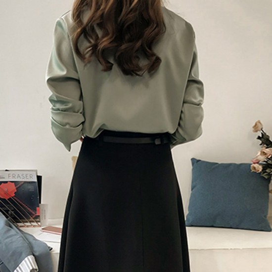 Suit Collar Long Sleeve Shirt For Women - Green |image
