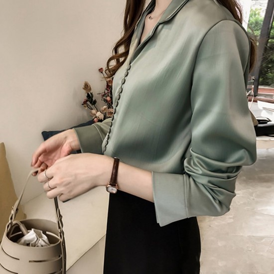 Suit Collar Long Sleeve Shirt For Women - Green |image