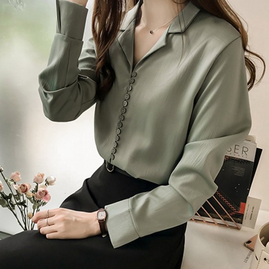 Suit Collar Long Sleeve Shirt For Women - Green |image