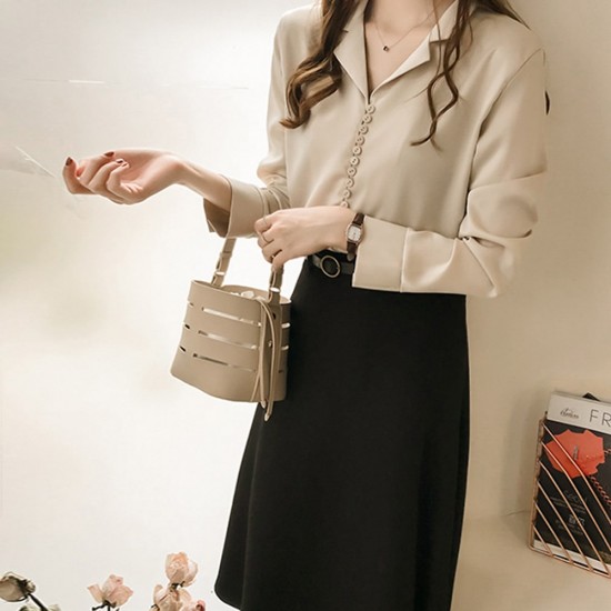 Suit Collar Long Sleeve Shirt For Women - Gold |image