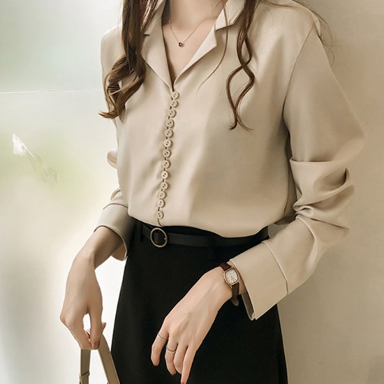 Suit Collar Long Sleeve Shirt For Women - Gold |image