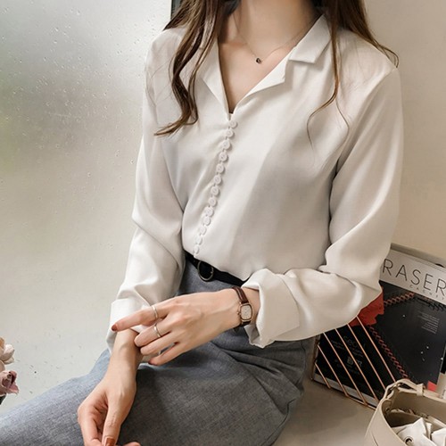 Suit Collar Long Sleeve Shirt For Women - White |image
