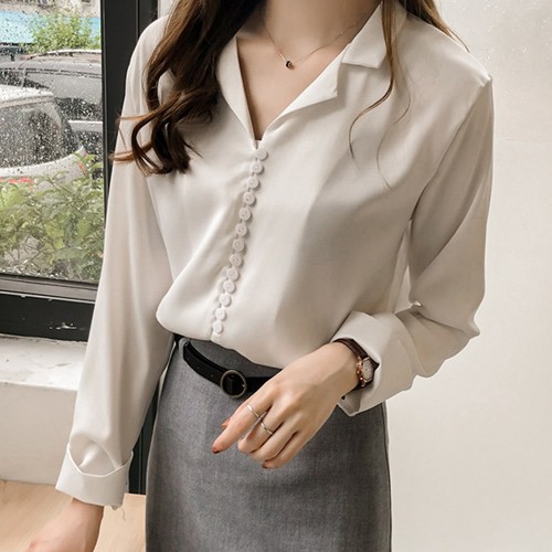 Suit Collar Long Sleeve Shirt For Women - White |image