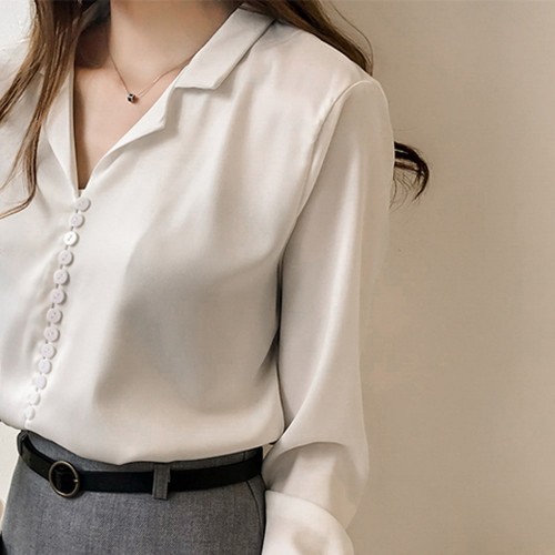 Suit Collar Long Sleeve Shirt For Women - White |image