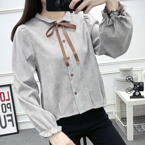 Retro Style Long Sleeve Loose Corduroy Shirt - Grey |image