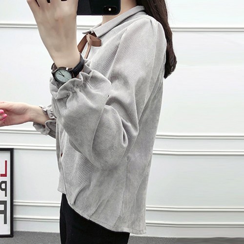 Retro Style Long Sleeve Loose Corduroy Shirt - Grey |image