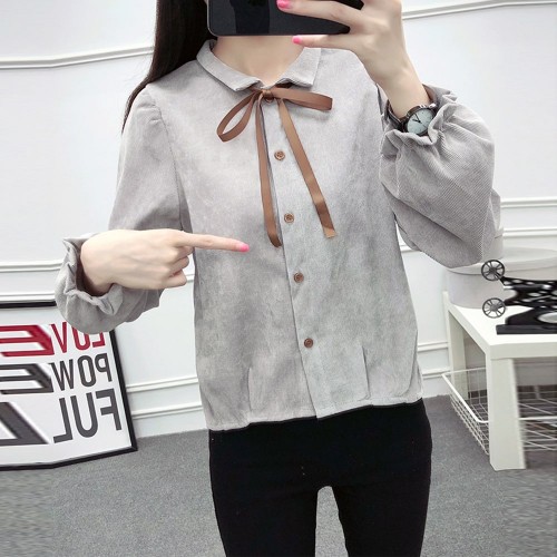Retro Style Long Sleeve Loose Corduroy Shirt - Grey |image