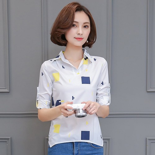 Block Pattern Printed Long Sleeve Shirt - Yellow |image