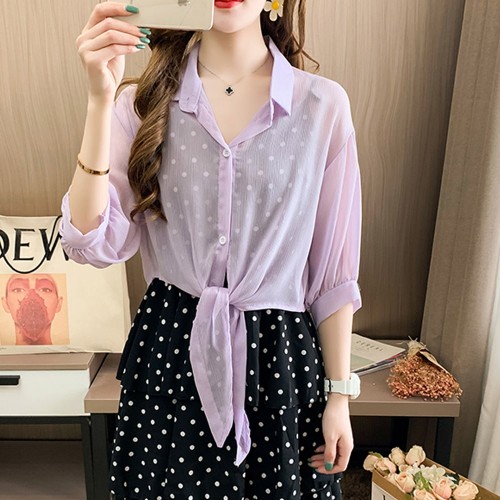 Elbow Length Sleeves Tie Front Pull Over Shirt - Purple |image