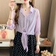 Elbow Length Sleeves Tie Front Pull Over Shirt - Purple |image