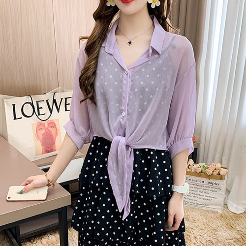 Elbow Length Sleeves Tie Front Pull Over Shirt - Purple |image