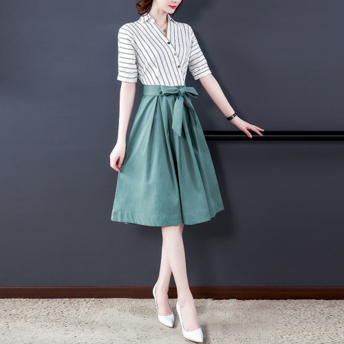 Classy Stripped with Plain Umbrella Skirt Two Piece Dress - White |image