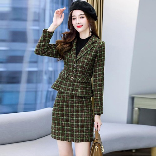 Formal Long Sleeve Tweed Jacket And Mini Skirt - Green |image