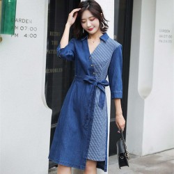 Asymmetrical Cut Loose Fit Midi Denim Dress With Belt - Blue