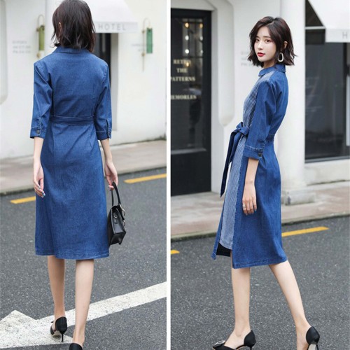 Asymmetrical Cut Loose Fit Midi Denim Dress With Belt - Blue |image