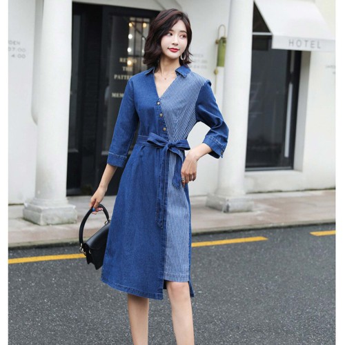Asymmetrical Cut Loose Fit Midi Denim Dress With Belt - Blue |image
