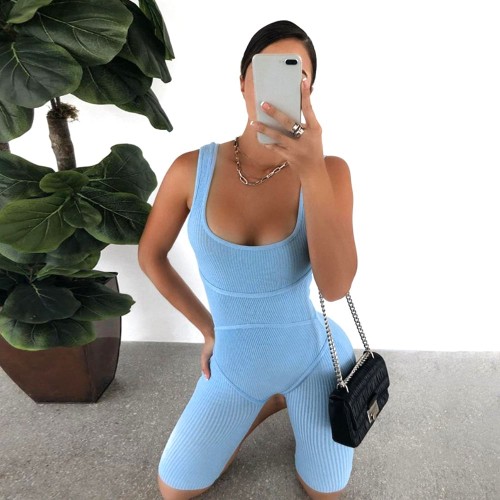 Sporty Style Knitted Sleeveless Midi Jumpsuit for Women - Blue |image