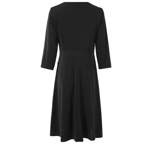 Button Solid Color Long Sleeved A-Line Women's Dress - Black |image