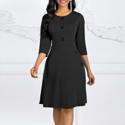 Button Solid Color Long Sleeved A-Line Women's Dress - Black 