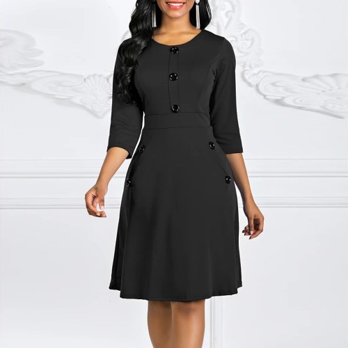 Button Solid Color Long Sleeved A-Line Women's Dress - Black |image