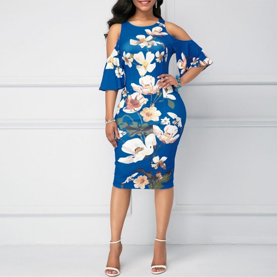 Floral Print Sleeveless Cold Shoulder Midi Dress - Blue |image