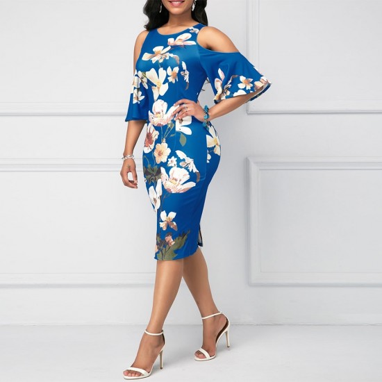 Floral Print Sleeveless Cold Shoulder Midi Dress - Blue |image