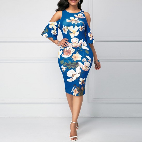 Floral Print Sleeveless Cold Shoulder Midi Dress - Blue |image