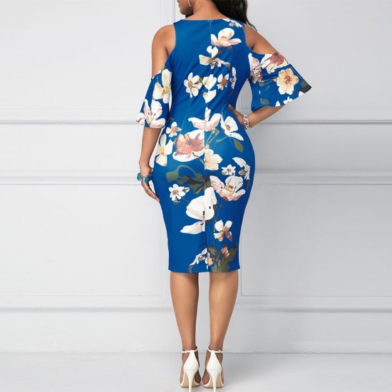Floral Print Sleeveless Cold Shoulder Midi Dress - Blue |image
