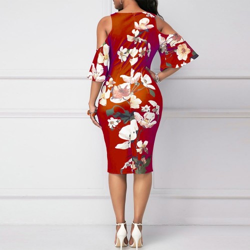 Floral Print Sleeveless Cold Shoulder Midi Dress - Red |image