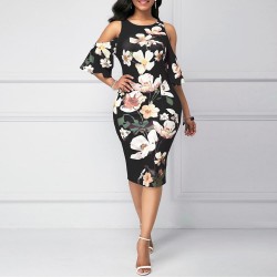 Floral Print Sleeveless Cold Shoulder Midi Dress - Black 