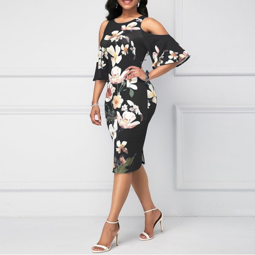 Floral Print Sleeveless Cold Shoulder Midi Dress - Black |image
