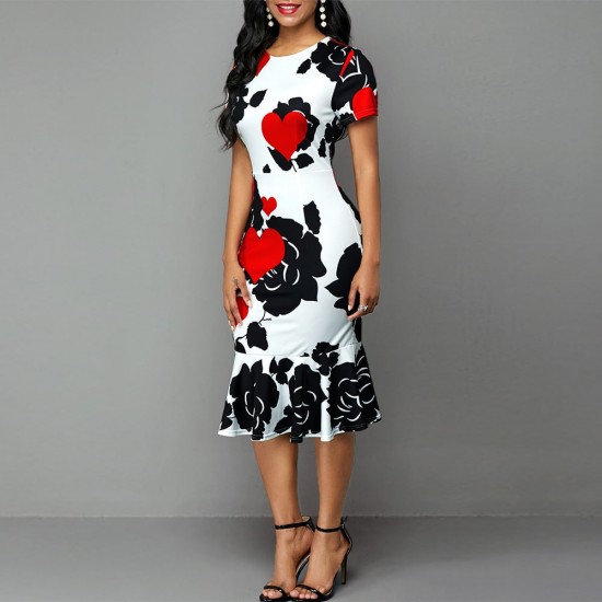 Showing Images for Rose and Heart Printed Short Sleeved Midi Dress - White Rose and Heart Printed Short Sleeved Midi Dress - White |image