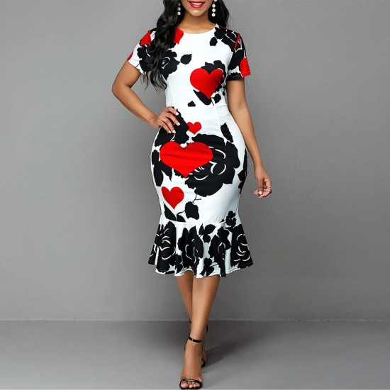 Showing Images for Rose and Heart Printed Short Sleeved Midi Dress - White Rose and Heart Printed Short Sleeved Midi Dress - White |image