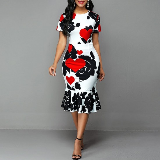 Showing Images for Rose and Heart Printed Short Sleeved Midi Dress - White Rose and Heart Printed Short Sleeved Midi Dress - White |image