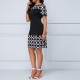 Round Neck Short Sleeve Print And Pattern Mini Dress - Black |image