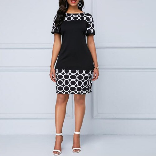 Round Neck Short Sleeve Print And Pattern Mini Dress - Black |image