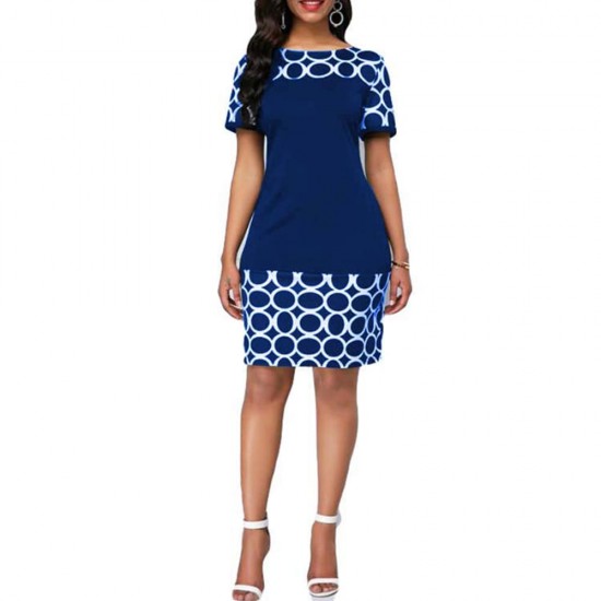 Round Neck Short Sleeve Print And Pattern Mini Dress - Blue |image