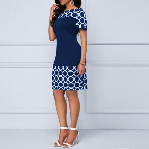 Round Neck Short Sleeve Print And Pattern Mini Dress - Blue |image