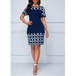 Round Neck Short Sleeve Print And Pattern Mini Dress - Blue 