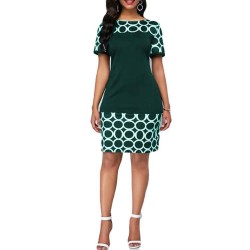 Round Neck Short Sleeve Print And Pattern Mini Dress - Green 
