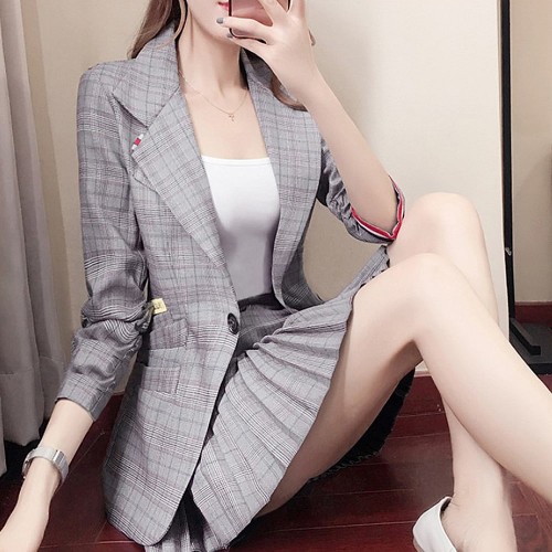 Classic Long Sleeved Slim Fit Plaid Two Piece Suit Skirt |image