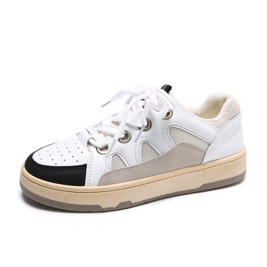 Lace Up Flat Sole Casual Women Fashion Sneaker - White |image