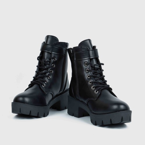 Women's Fashion Lace-Up Chunky Heels Short Boots - Black |image