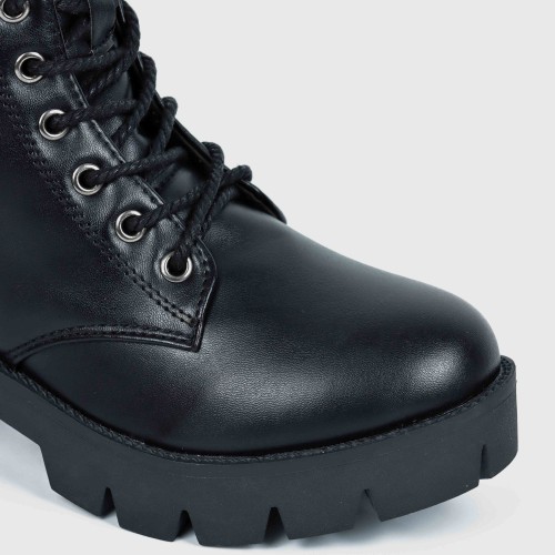 Women's Fashion Lace-Up Chunky Heels Short Boots - Black |image