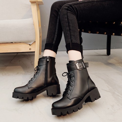 Women's Fashion Lace-Up Chunky Heels Short Boots - Black |image