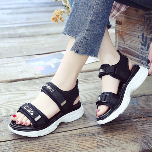 Women's Fashion Velcro Closing Open Toe Sandal - Black |image