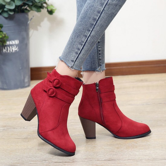 Women’s High Heel Zipper Closure Ankle Boots - Red |image